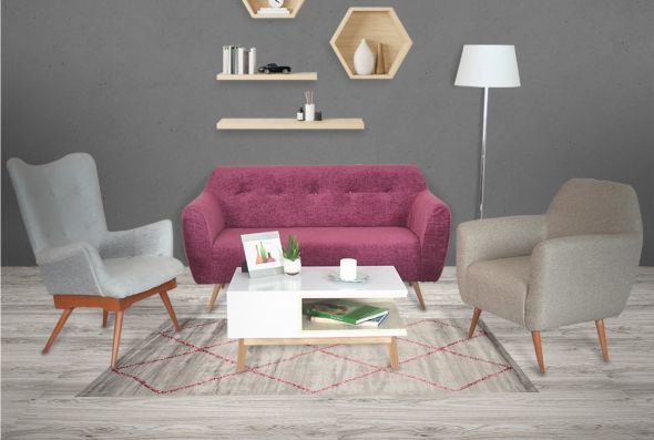 sofá oikos + silla menfis + silla cassoni + mesa damara