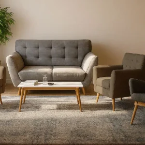 sofá acentto 2p + 2 sillas oikos + 1 silla cassoni + mesa oikos